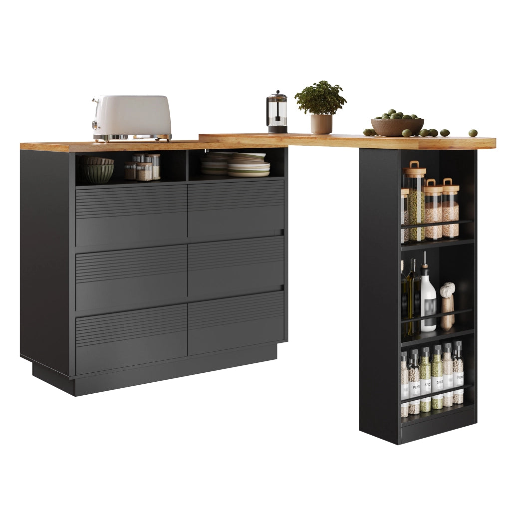 Tavolo da pranzo con 6 cassetti e ripiano; girevole; per cucina; in MDF; nero