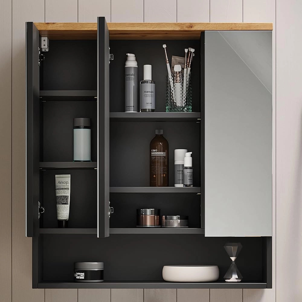 Specchio contenitore bagno Eden, Antracite, 70 x 77.5 cm, per montaggio a parete con suddivisione interna variabile
