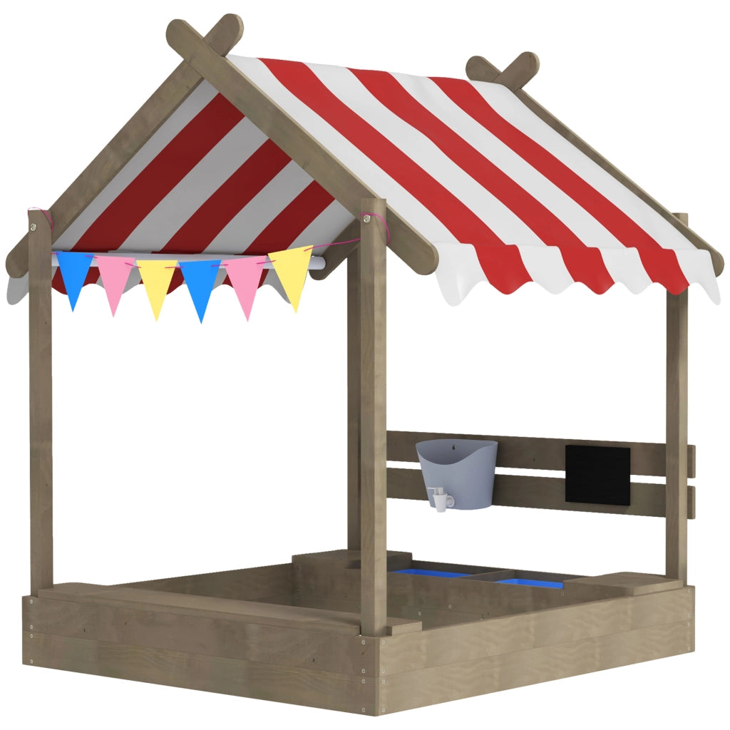 Casa di gioco per bambini con sabbiera e ombrellone ¨C zephmum ¨C 124x116x146 cm, legno massello, grigio