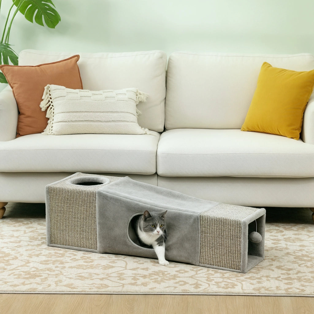 Tunnel per Gatti con 2 Tane e Giocattoli ¨C zephmum ¨C Marrone Grigio 98x30x30