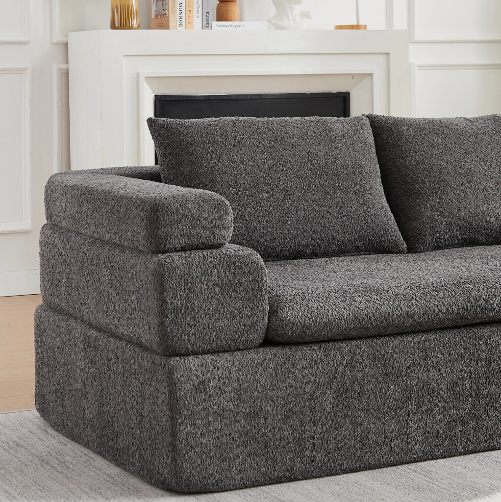 Divano angolare grigio in chenille con chaise longue e 3 cuscini