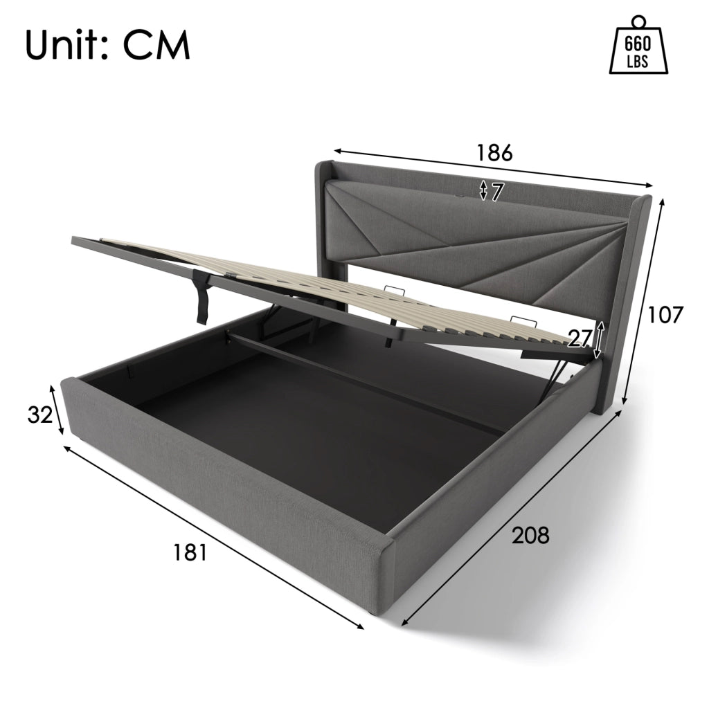 Letto matrimoniale 180x200 cm con contenitore; testiera con USB e Type-C; grigio in cotone e lino