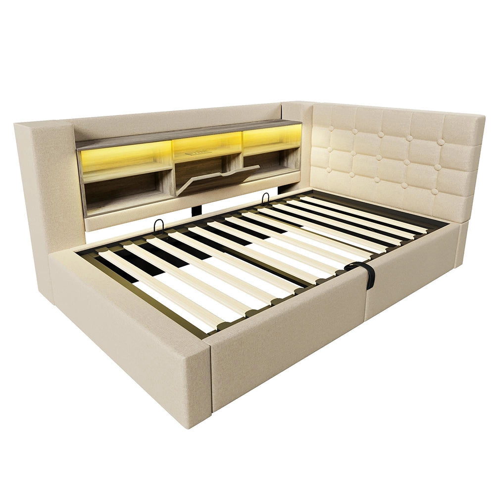 Letto imbottito-Xylo-90x200cm LED idraulico testiera a L lino beige con materasso