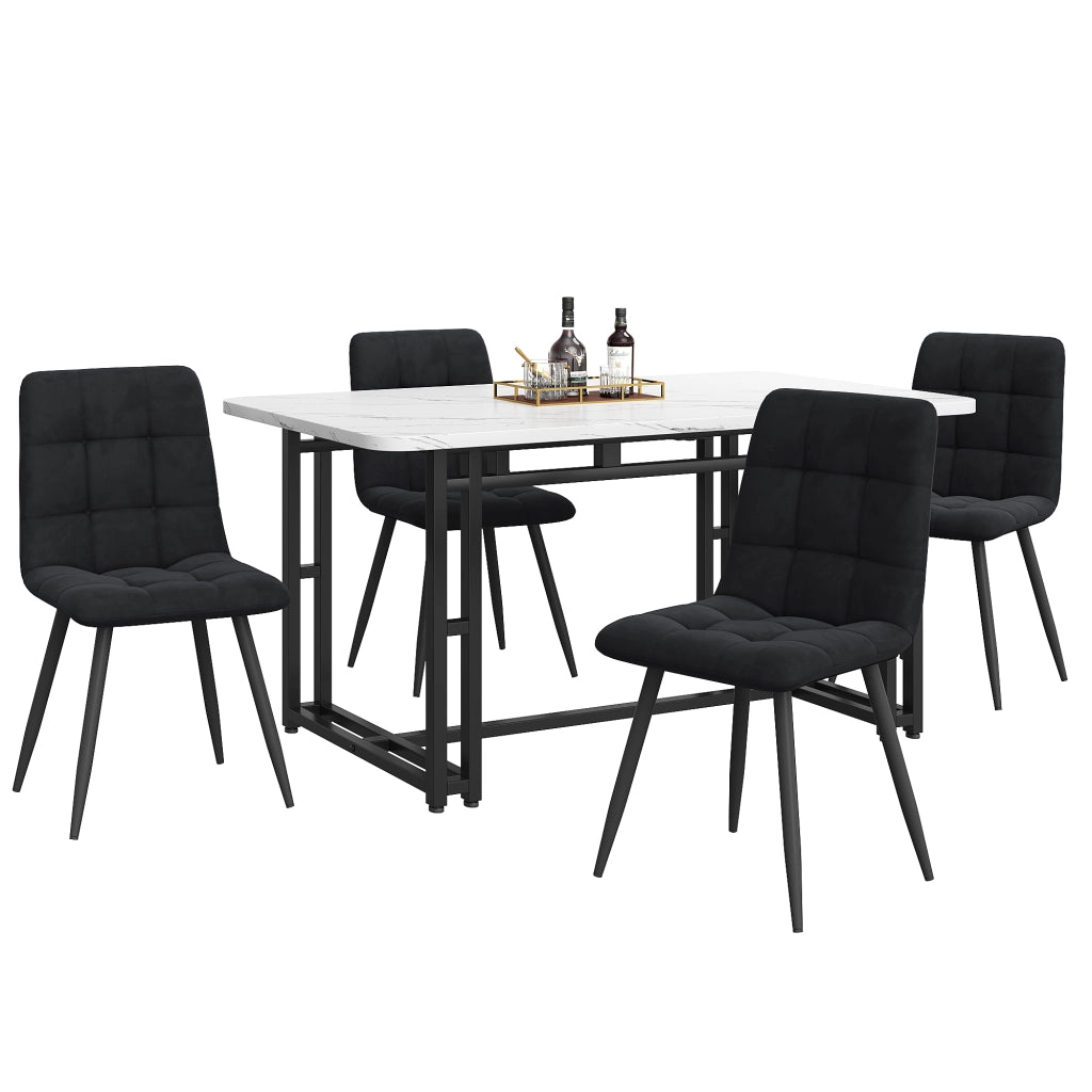 Tavolo da pranzo per 4 persone con 4 sedie in velluto, piano in MDF e gambe in metallo, per soggiorno e cucina