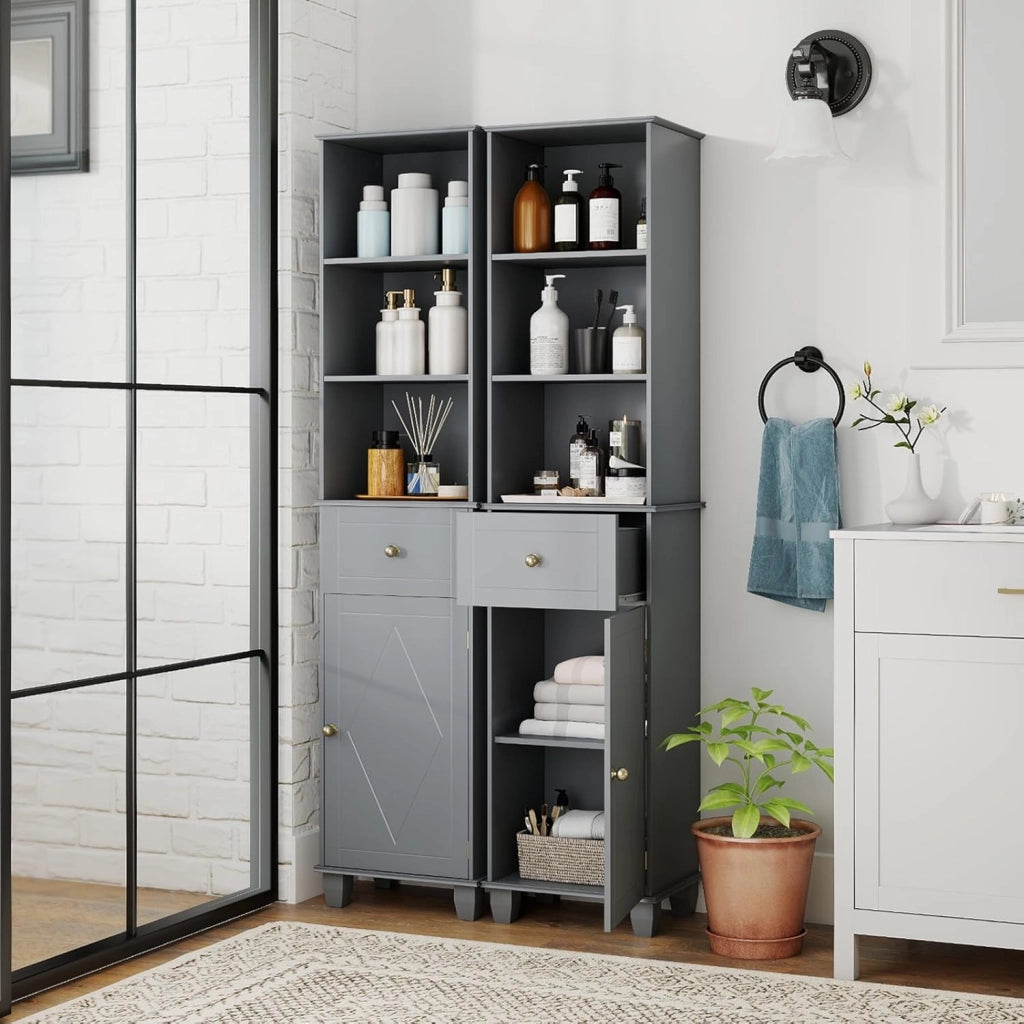 Mobile Bagno Alto 172 cm, Mobiletto Stretto da Pavimento con 3 Ripiani Aperti, 1 Cassetto, 1 Anta e Ripiano Regolabile, Armadietto Salvaspazio Indipendente per Cucina e Soggiorno (Grigio)