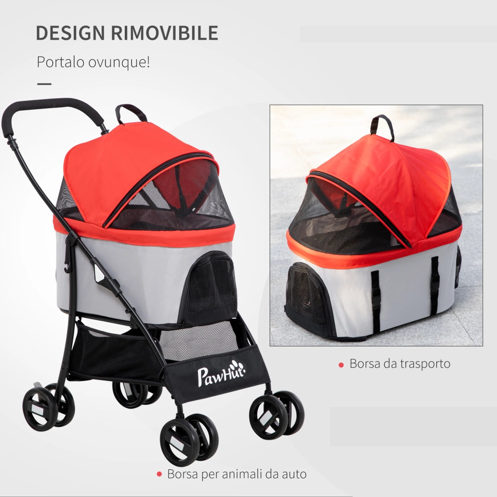 EasyComfort Passeggino per Cani Pieghevole con Trasportino Rimovibile e Tettuccio, 82x49.5x98cm, Rosso