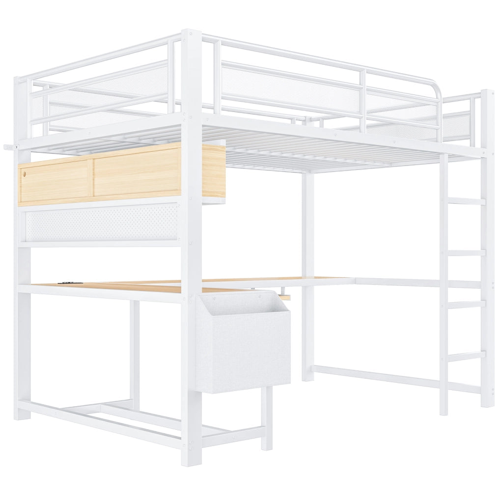 Letto a soppalco 140x200 cm con scrivania; LED e stazione di ricarica in MDF e metallo bianco