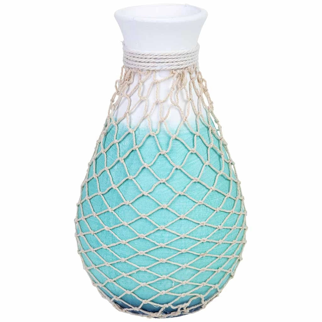 Vaso in legno con rete da pesca blu, 14x14x25 cm