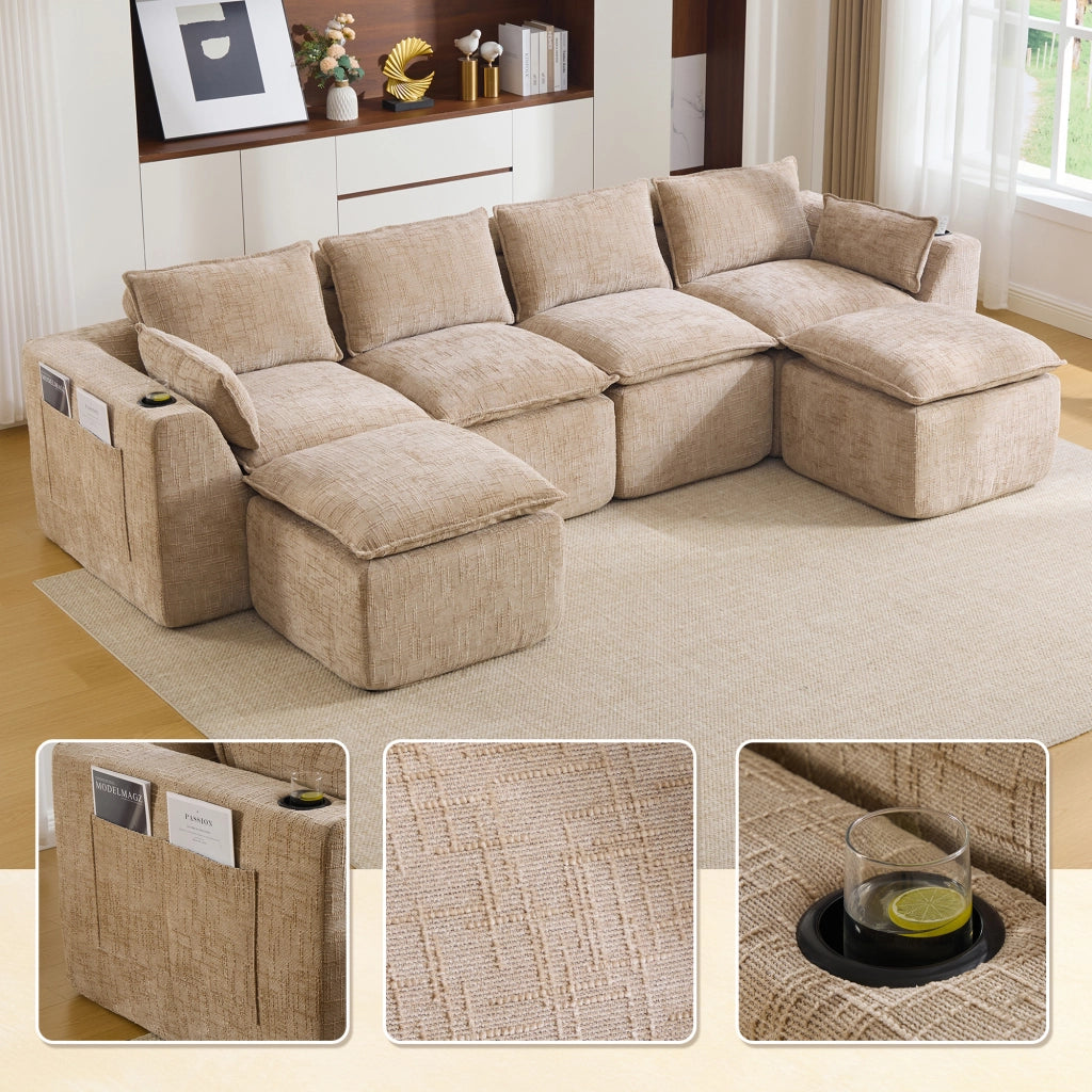 Divano modulare 322x161x75 cm componibile con molle integrate in chenille khaki