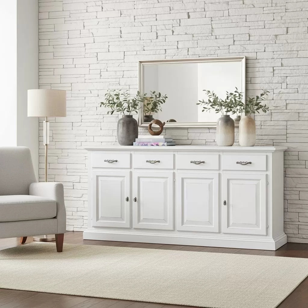 Madia credenza shabby chic in legno massello 4 porte bianco consumato l.222 p.51 h.105 - Mobili 2G