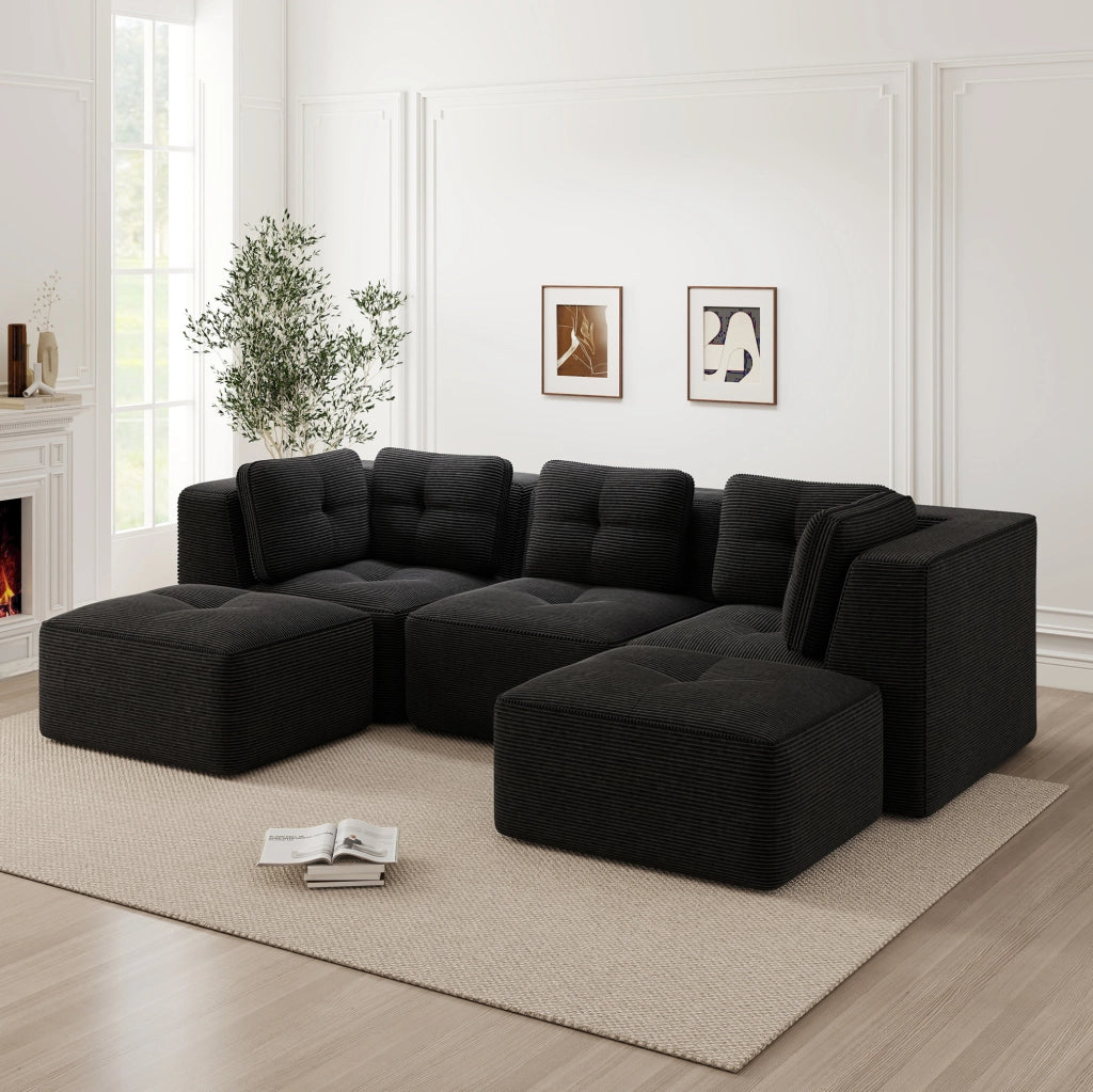 Divano angolare modulare 297x177x69 cm in velluto a coste nero; senza montaggio