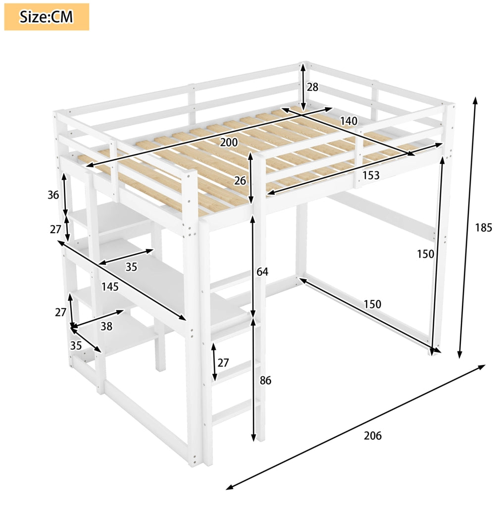 Letto a soppalco 140x200 cm con scrivania e 4 vani portaoggetti in pino bianco antico