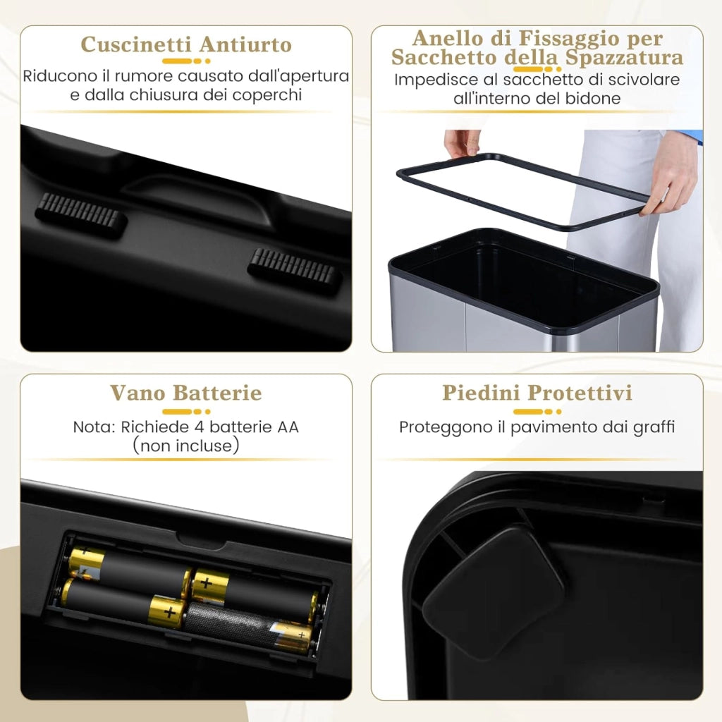 60L Cestino per Rifiuti con Coperchi a Ali, Pattumiera in Acciaio Inox Spazzolato con Sensore di Movimento a Infrarossi, Bidone Automatico per Camera da Letto, Bagno e Cucina (Nero)