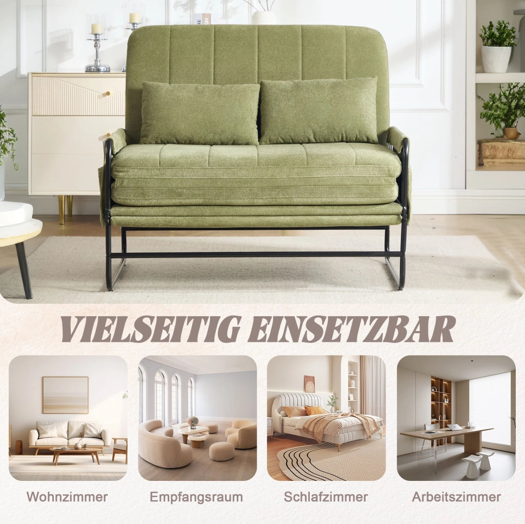 Divano letto a 2 posti convertibile in chenille verde oliva con struttura in metallo; 104x85x92 cm