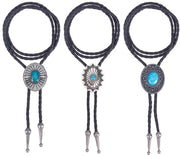 Set di cravatte a bolo in tre stili per uomo con motivi in pietra turquoise, in pelle PU e lana, stile vintage western cowboy.