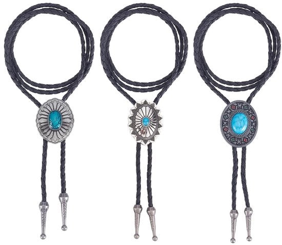 Set di cravatte a bolo in tre stili per uomo con motivi in pietra turquoise, in pelle PU e lana, stile vintage western cowboy.