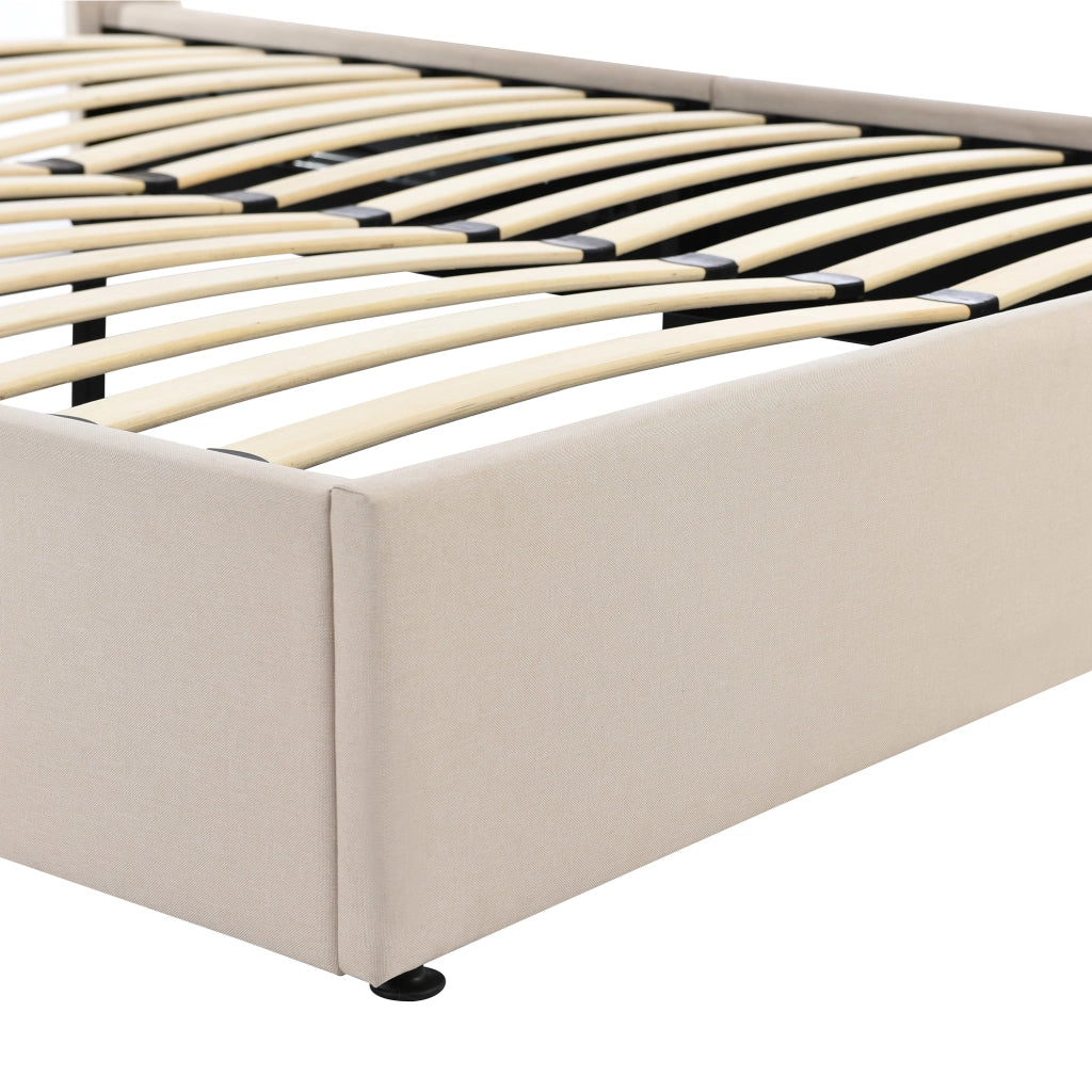 OKWISH Letto Contenitore 160×200 cm, Letto Matrimoniale con Contenitore Idraulico e Testiera Imbottita, senza Materasso, in Lino, Beige