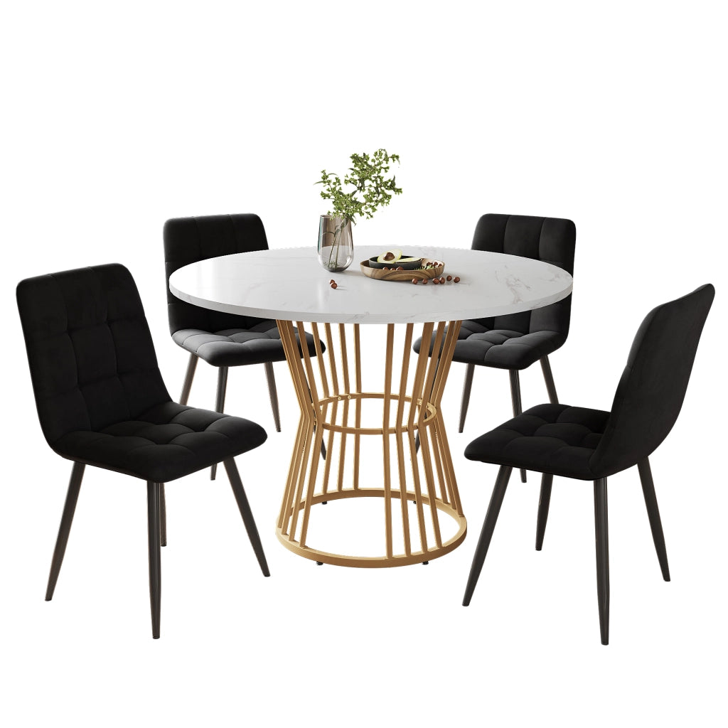Tavolo da pranzo rotondo con 4 sedie, piano in MDF effetto marmo, per cucina e sala da pranzo, 100 × 75 cm