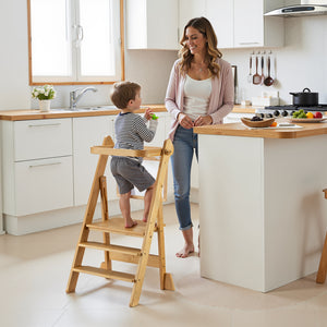 Torre di apprendimento pieghevole per bambini 43 x 48 x 91 cm in bambù, torre montessoriana regolabile in altezza per bambini, sgabello per bambini con barra di protezione