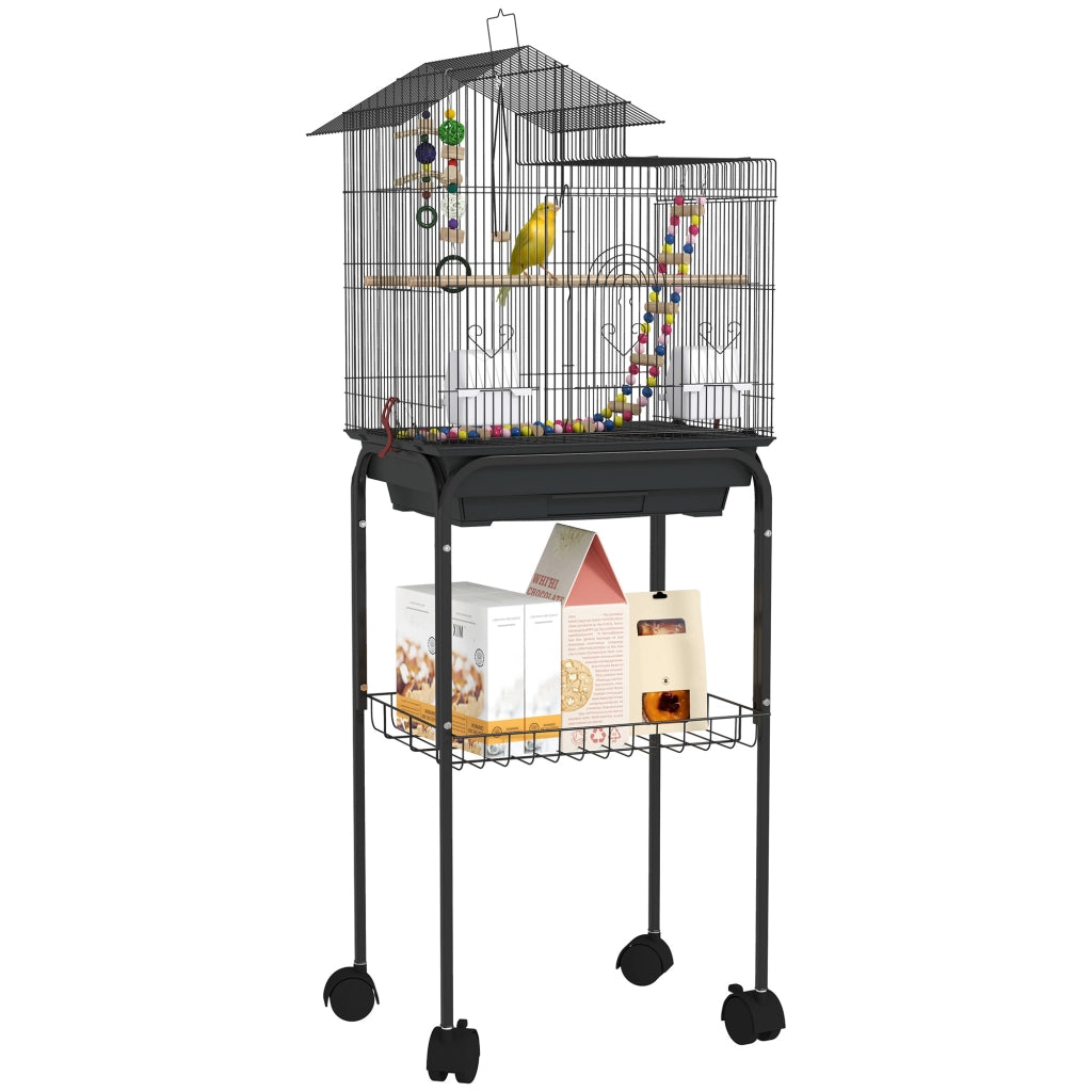 Gabbia per Uccelli con Piedistallo, Ruote Girevoli, Ripiano e Accessori, 46x36x120 cm, Nero