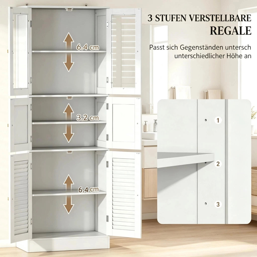 Mobile contenitore da bagno alto di alta qualit¨¤ con 6 ante, di cui 2 in vetro e 2 piene.