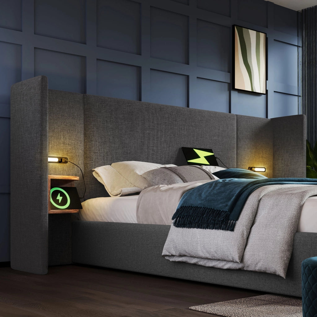 Letto matrimoniale 160x200 cm in lino grigio con contenitore; lampada lettura e USB/Type-C