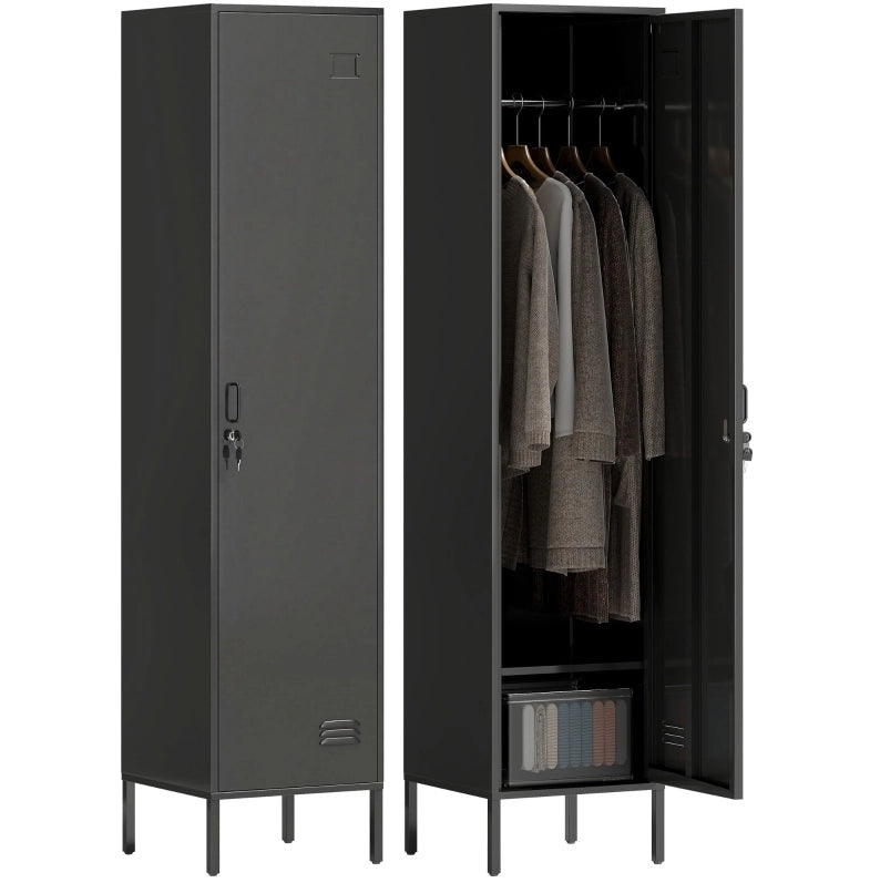 Armadio in acciaio nero con porta chiudibile e appendiabiti, 40x40x179 cm, per casa o ufficio