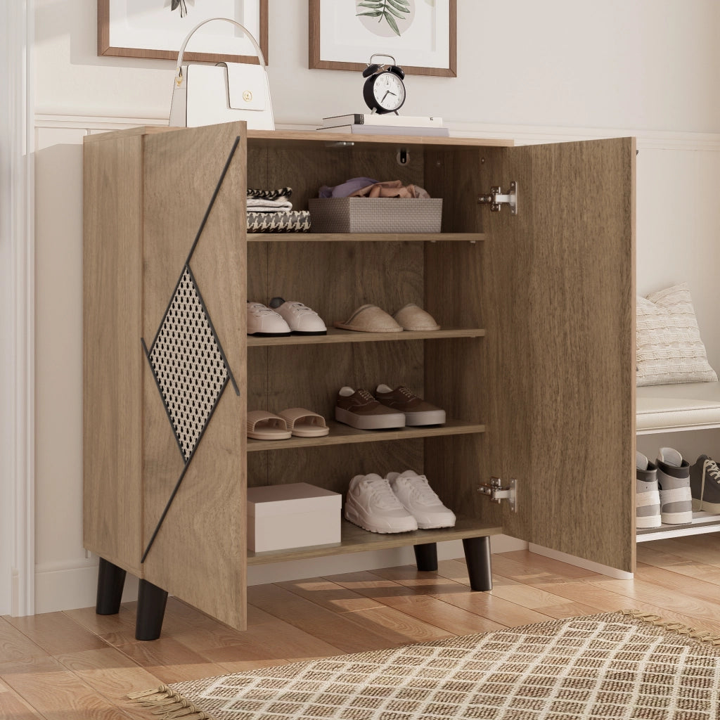 Scarpiera con 2 Ante; Motivo Decorativo Rattan; Contenitore Chiuso; Stile Moderno; in Pannello Truciolare; 80×31×91 cm; Legno