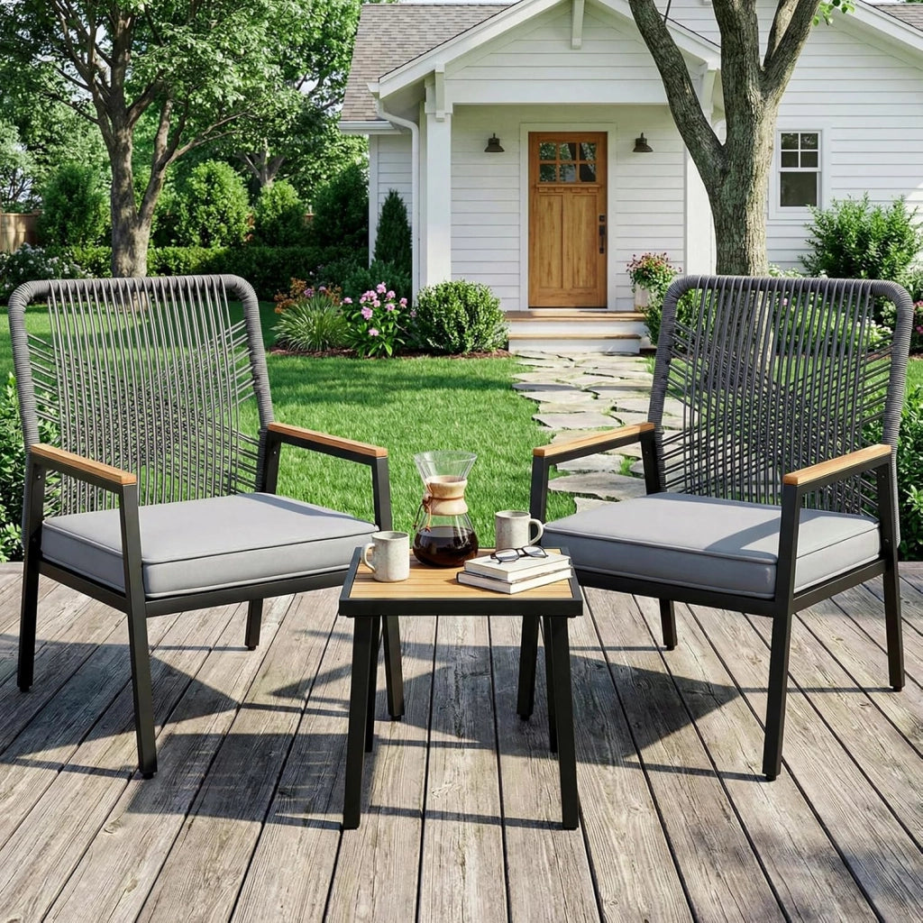 Set di mobili da giardino, Set da 3 sedie da giardino in rattan, 2 sedie da patio con tavolino, fino a 160 kg, resistenti alle intemperie, braccioli in WPC, per patio, giardino, veranda,Grigio