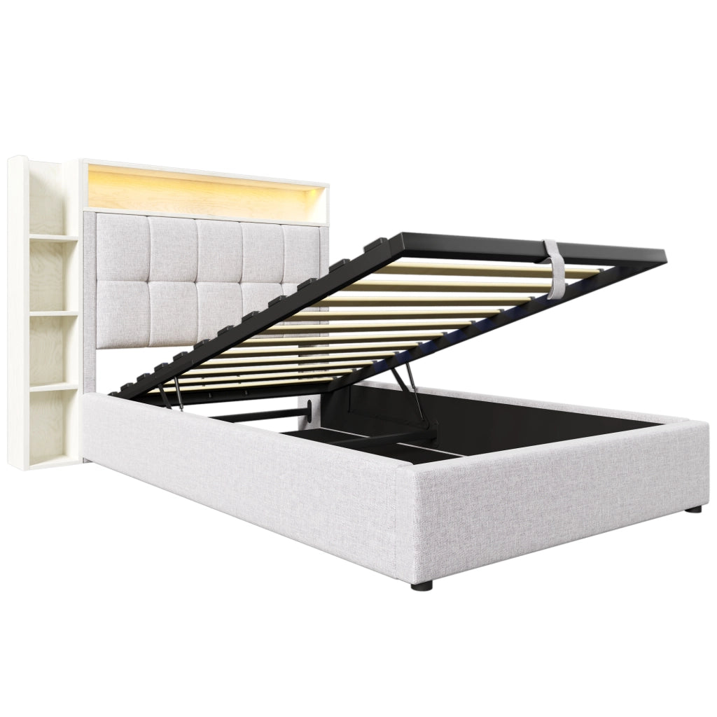 Letto contenitore matrimoniale 90×200 cm con USB e tipo C; LED; testiera imbottita; senza materasso; beige