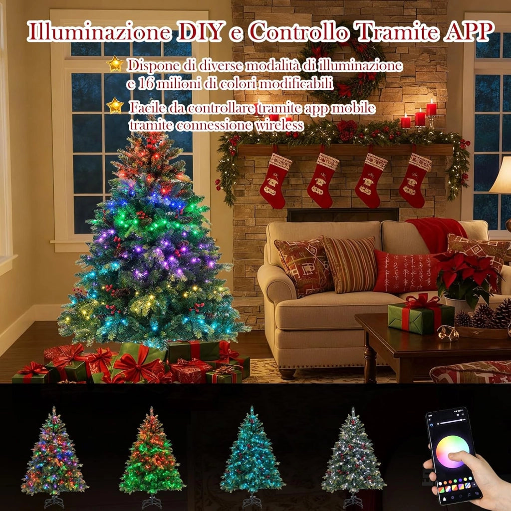 Albero di Natale Artificiale 150 cm, con 250 Luci RGB Multicolori Controllabili tramite APP, 584 Rami in PE & PVC, 23 Pigne e 23 Bacche Rosse e Controllo Remoto (150 cm)