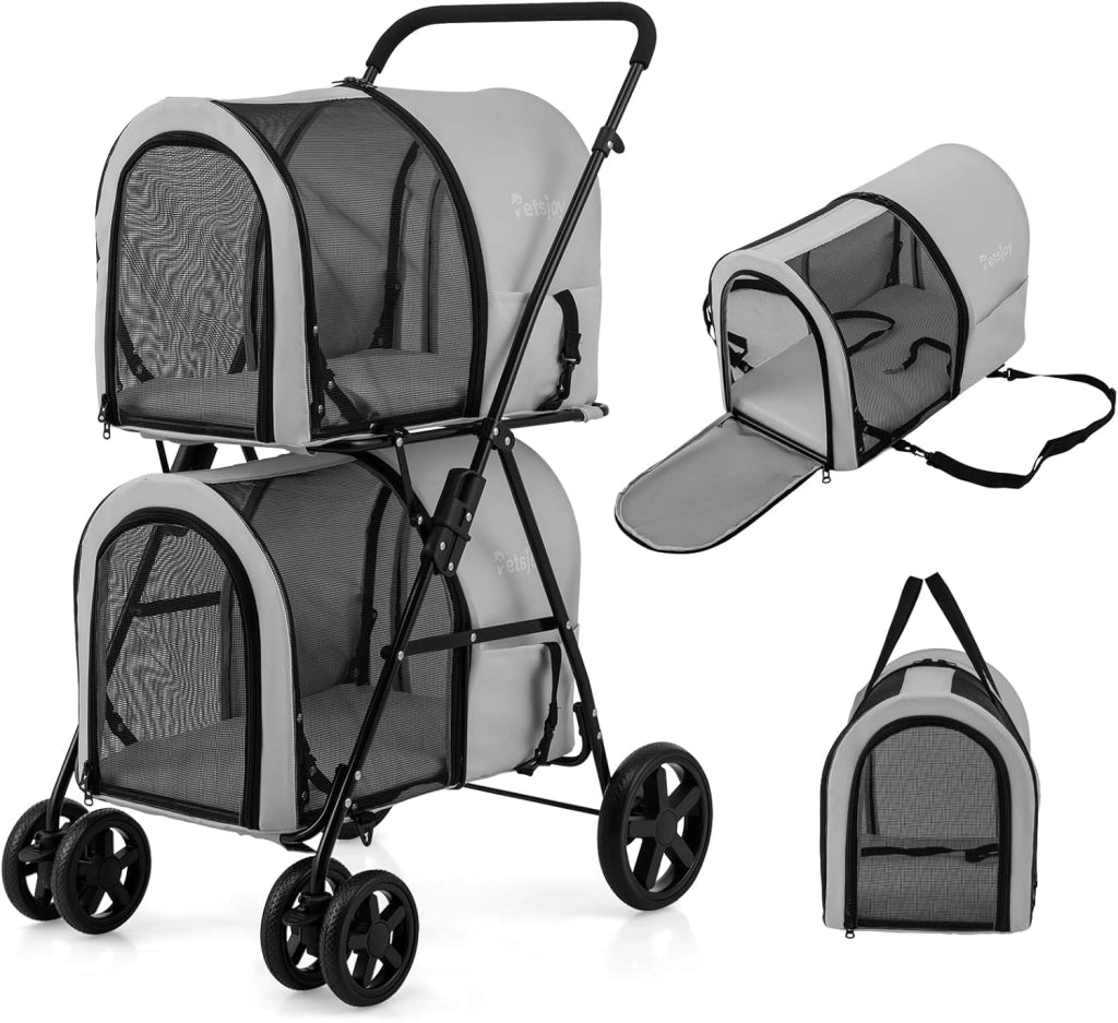 Passeggino per Cani Pieghevole, Carrozzina per Cani Multifunzionale 4 in 1 a Doppio Livello, Passeggino Smontabile con Ruote, Ideale per Passeggiata Viaggio e Shopping (Blu)