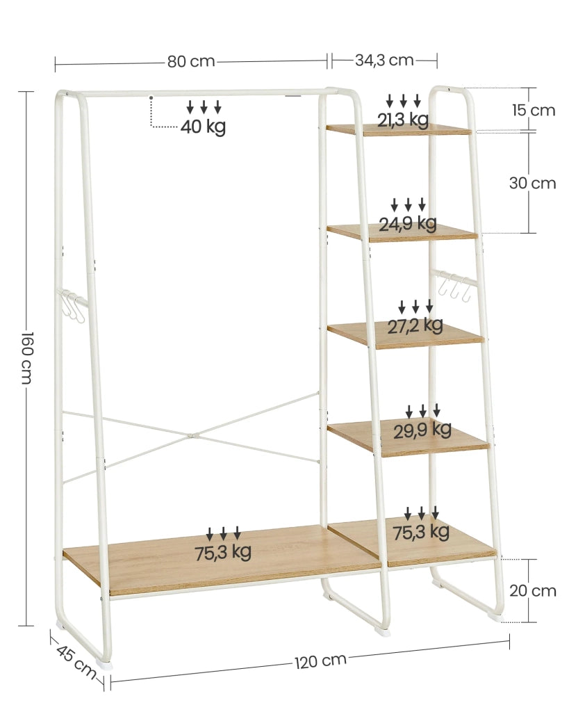 Appendiabiti da terra 45 x 120 x 160 cm scarpiera ingresso/guardaroba con 5 ripiani portaoggetti e 6 ganci per camera da letto soggiorno corridoio stile industriale bianco 12_0007094