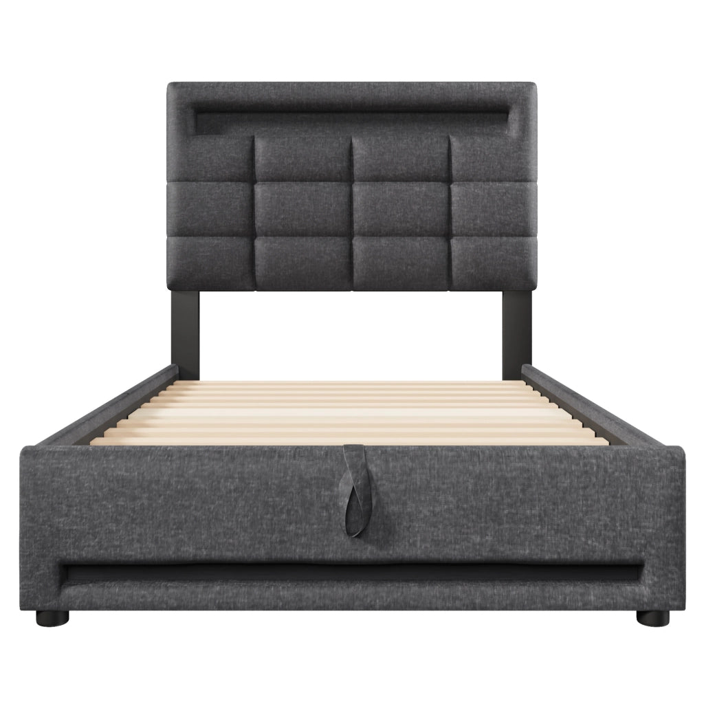 Letto imbottito 90x200 cm con contenitore e LED in lino grigio