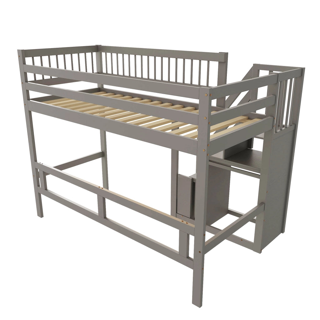Letto singolo in legno massello grigio con scala contenitiva 90x200 cm