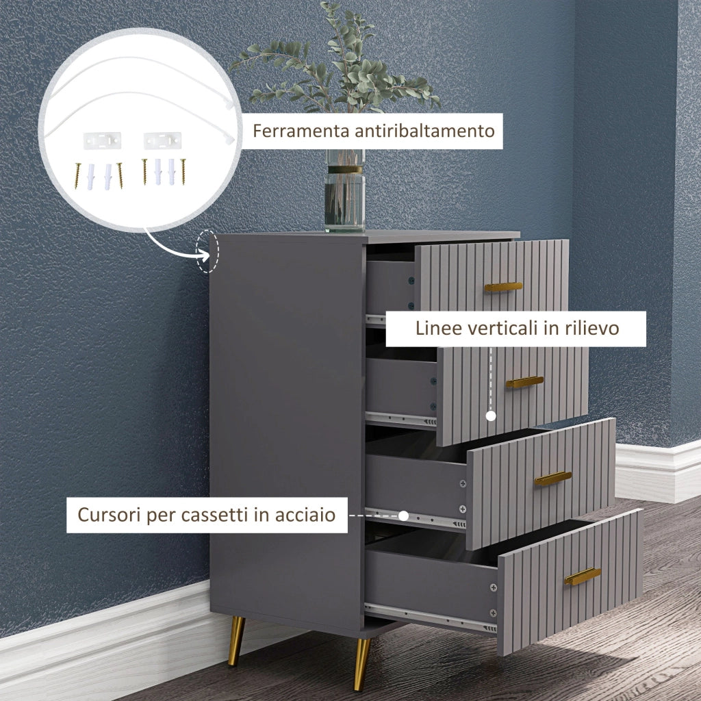 Cassettiera 4 Cassetti Design Moderno 60x40x90 cm in Legno e Alluminio Oro e Grigio Scuro