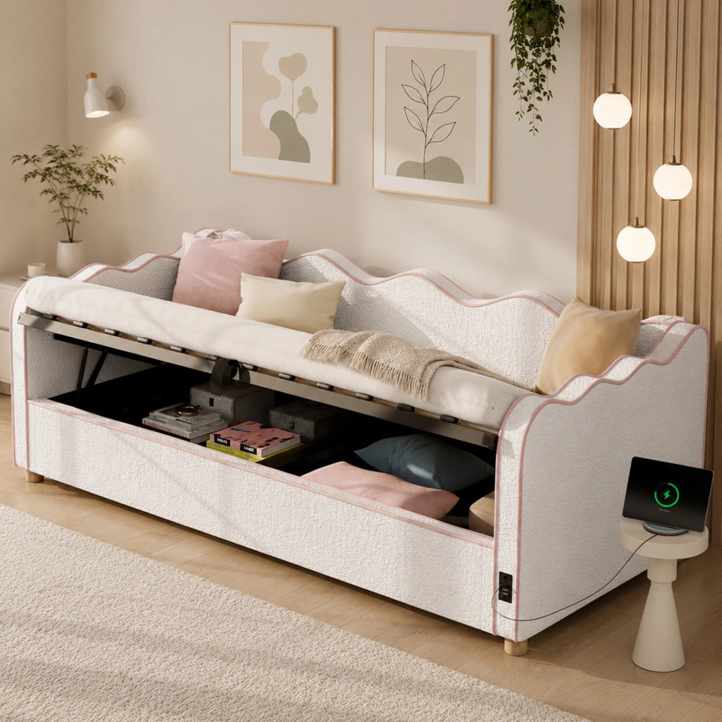 Letto contenitore singolo 90×200 cm con vano idraulico; USB e Type-C; senza materasso; bouclé beige