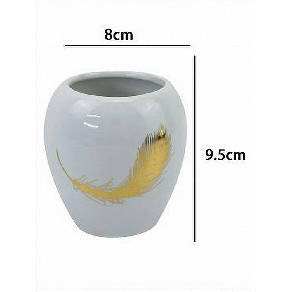 Trade Shop - Bicchiere Portaspazzolini In Ceramica Bianca Con Piuma Oro Accessori Bagno 59895 -
