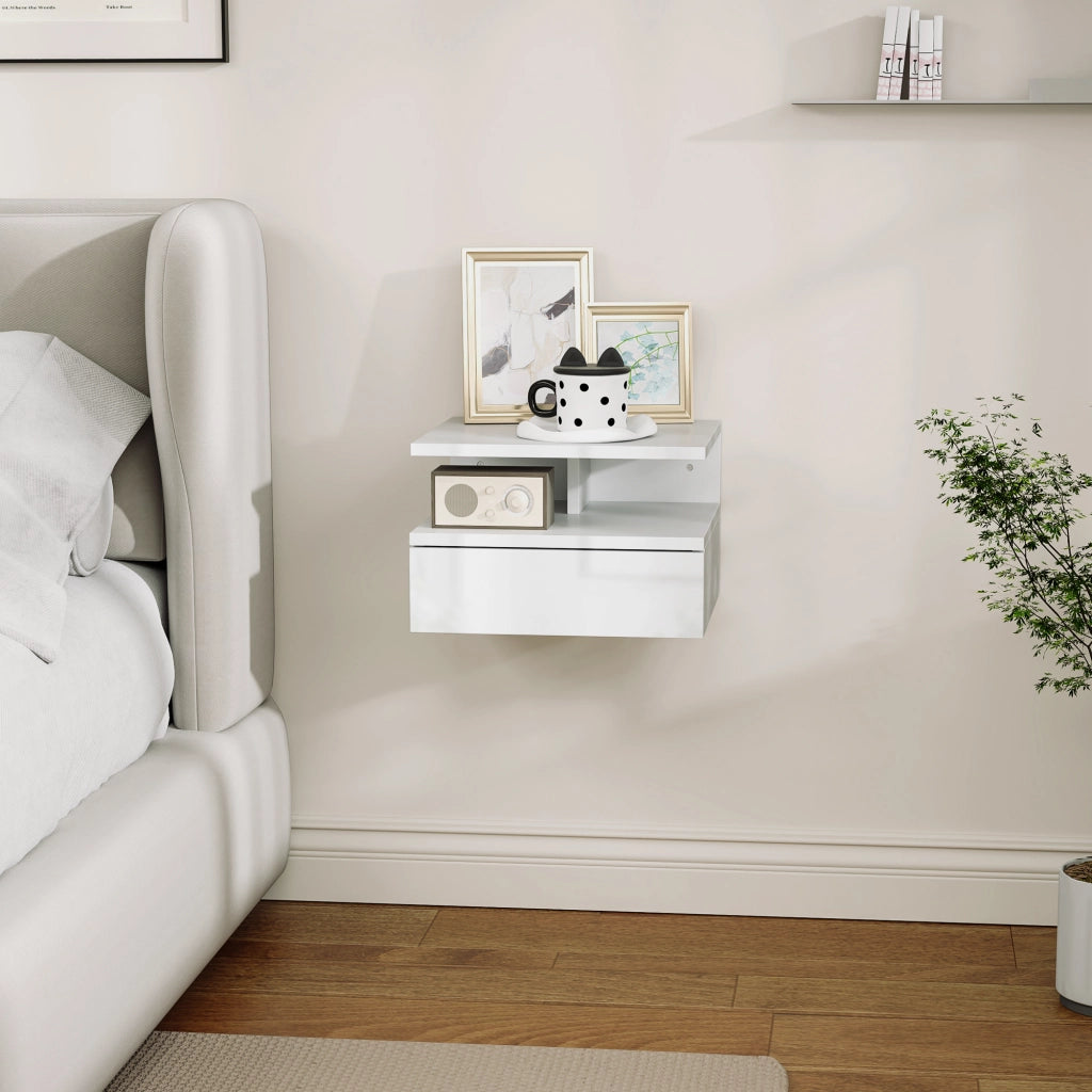 Comodino Sospeso 35x32x22,5 cm con Cassetto e Ripiano Aperto in Legno Bianco