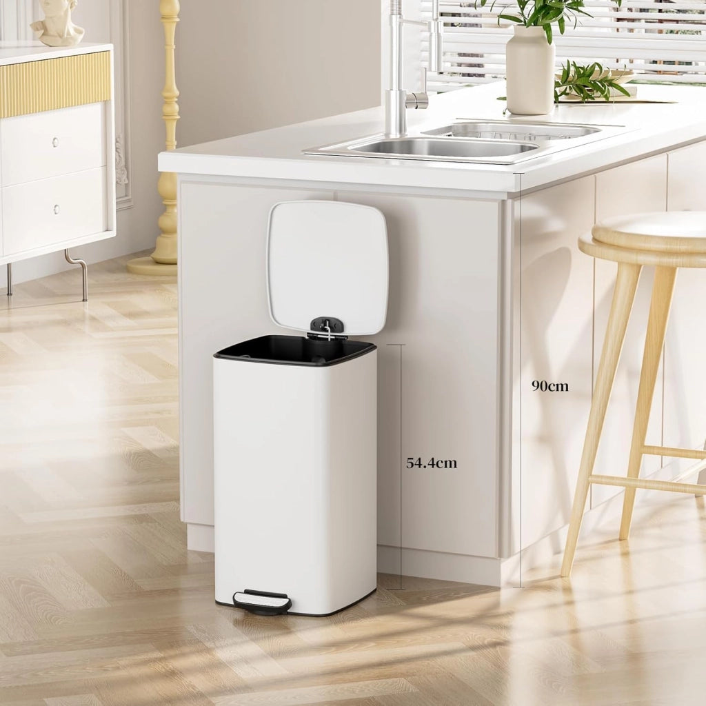 Pattumiera Cucina 30 L a Pedale, Pattumiera Rettangolare in Acciaio con Coperchio Soft-Close, Secchio Interno e Funzione di Mantenimento Aperto, per Cucina, Soggiorno e Ufficio – Bianco