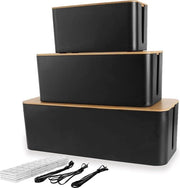Set di 3 grandi box per cavi con coperchio in legno nero-box per organizzare i cavi-box per la gestione dei cavi-box per nascondere i cavi