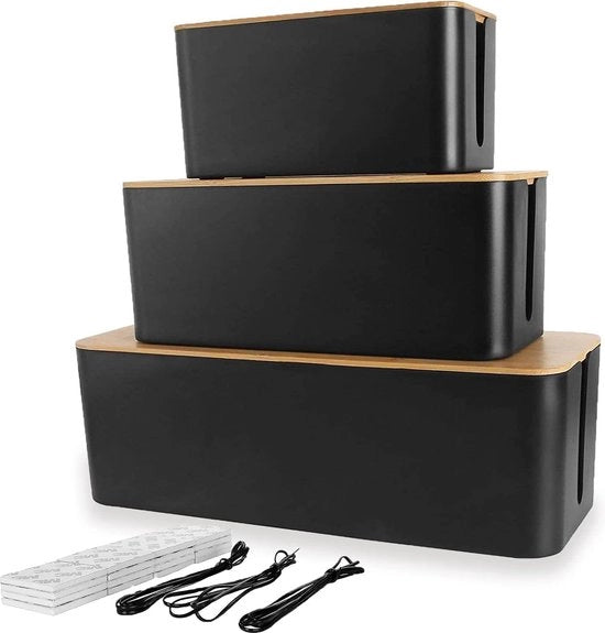 Set di 3 grandi box per cavi con coperchio in legno nero-box per organizzare i cavi-box per la gestione dei cavi-box per nascondere i cavi