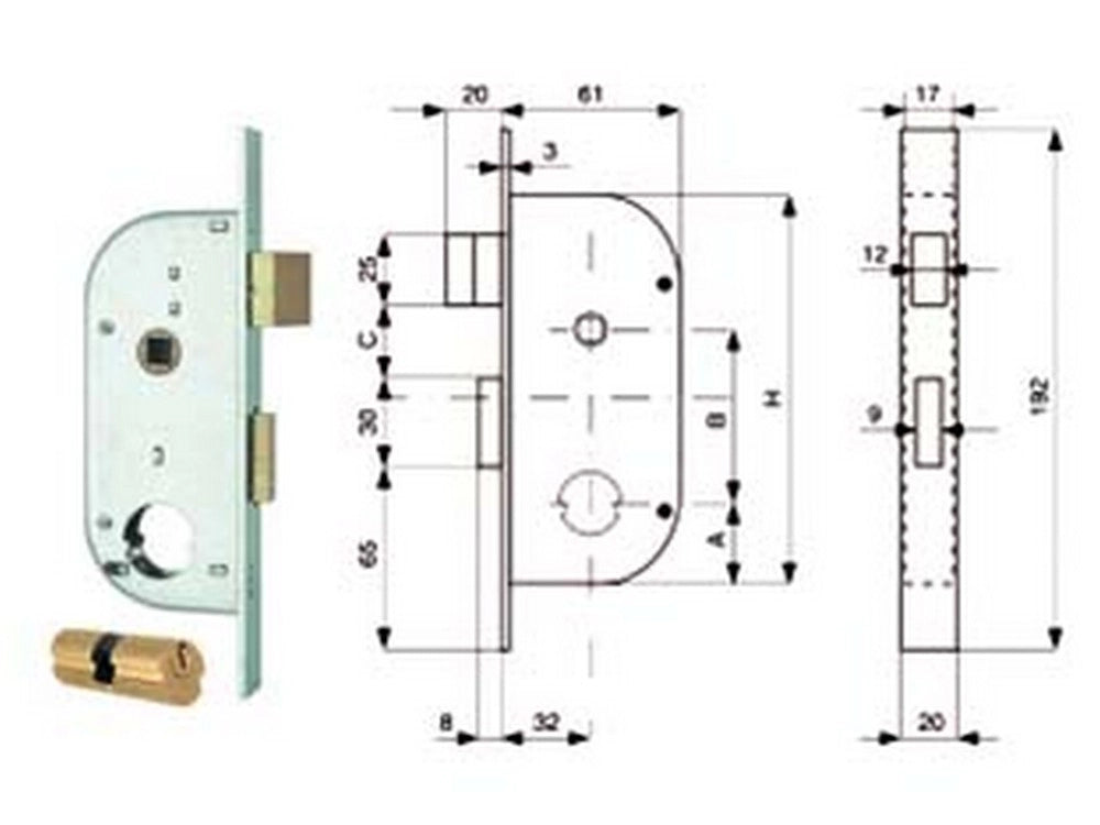 2pz serratura infilare cancelli 2 mandate scrocco separato + quadro cilindro cod:ferx.fer284103