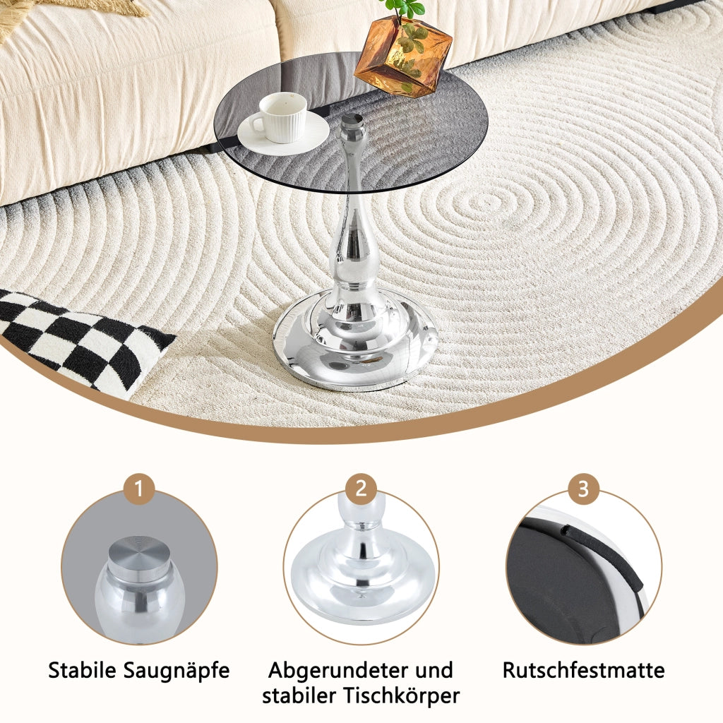 Tavolino basso rotondo in vetro temperato con base in metallo per soggiorno e camera da letto argento 50 × 51,5 cm