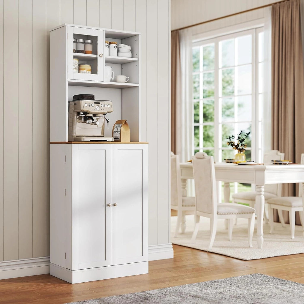 Credenza Alta da Cucina 170 cm con Ripiani Regolabili, Fori per Cavi, Porta in Vetro Temperato, Mobile Buffet per Soggiorno, Sala da Pranzo, 60 x 35 x 170 cm, Bianco