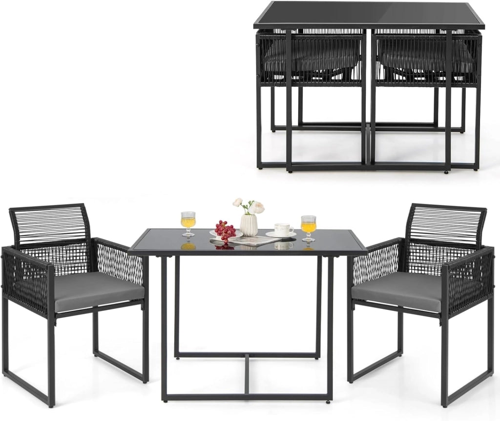 Set Mobili da Esterno a 3 Pezzi, 2 Sedie in Rattan Intrecciato con Schienale Pieghevole e Cuscini, Set Tavolo Rettangolare da Pranzo per Patio, Giardino e Balcone