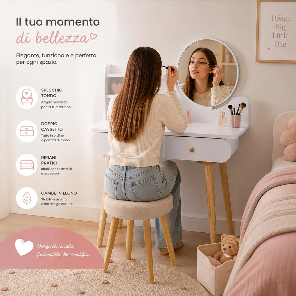 Toeletta Trucco Bianca con Specchio Rotondo Postazione Make Up 80x40x122cm
