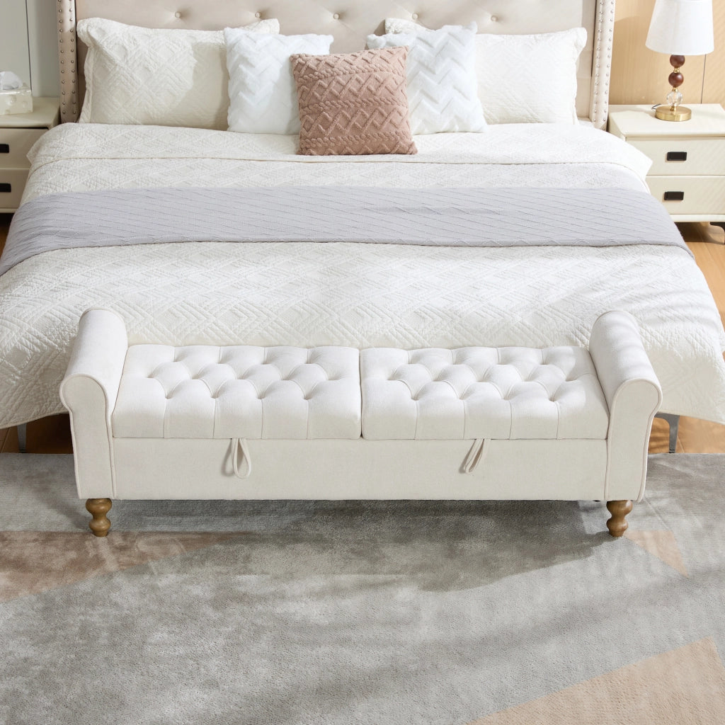Panca contenitore ¨C Minimal ¨C Beige velluto con gambe in legno