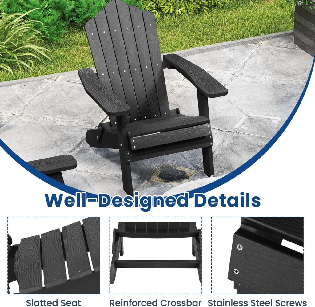 Adirondack - Sedia pieghevole, sedia da giardino con schienale inclinato e braccioli larghi, poltrona ergonomica con carico di 180 kg, seduta esterna per balcone, terrazza (nero)