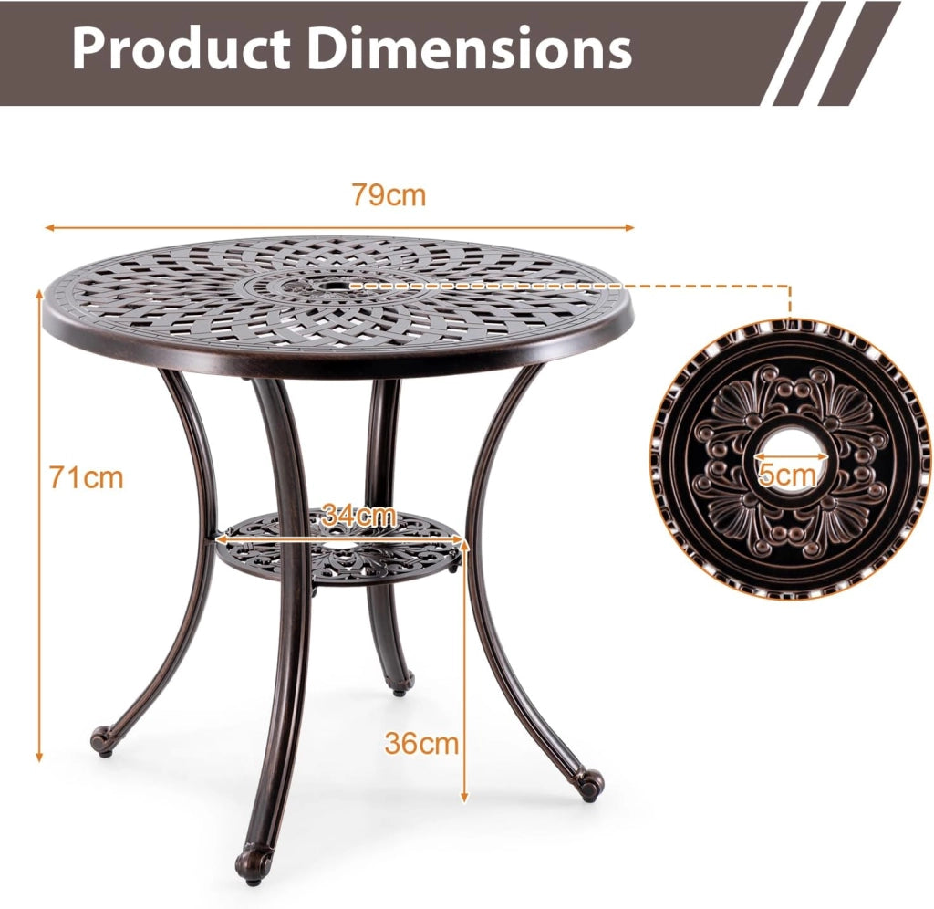 Tavolo da giardino rotondo con foro per ombrellone, tavolo da balcone con ripiano inferiore e piedini regolabili, tavolo da bistrot con alluminio pressofuso, tavolo da pranzo per balcone